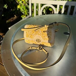 Tory Burch Yellow Crochet Leather-Trim Crossbody